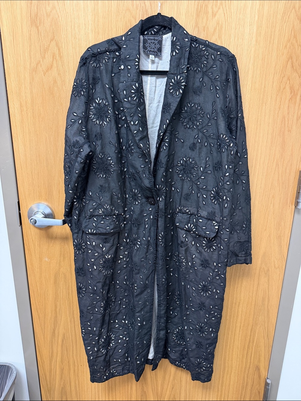 Johnny Was Black Silk Blend Embroidered Floral Eyelet Cutwork Trench Duster Coat